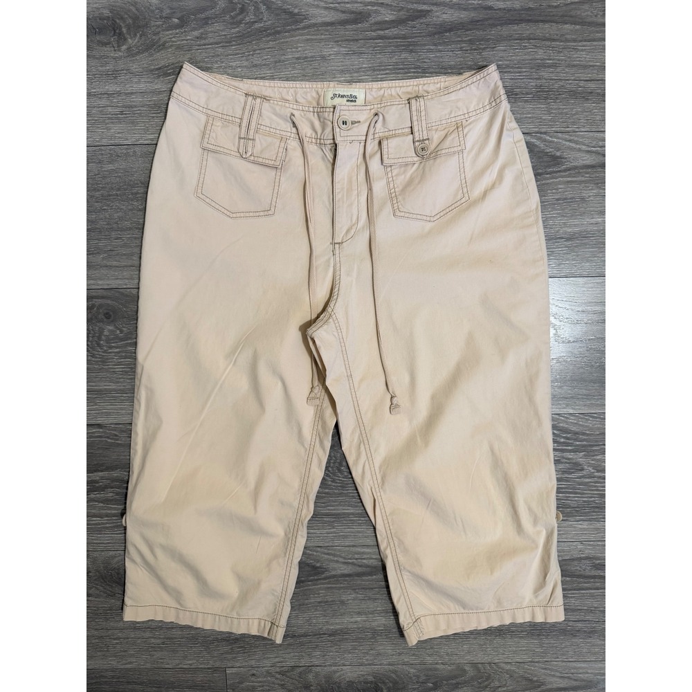 St Johns Bay Tan Khaki Stretch Capri Pants Size 12 Drawstring Utility Pockets